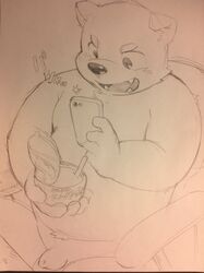 anthro balls cellphone flaccid food genitals hi_res humanoid_genitalia humanoid_hands humanoid_penis kemono kita_9999 male mammal penis phone sitting slightly_chubby smartphone solo ursid young