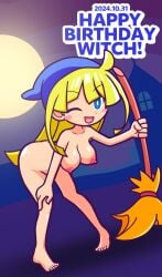 1girl ;d barefoot big_breasts blonde_hair blue_eyes breasts broom busty completely_nude curvy english_text exhibitionism feet female furii_(artist) happy_birthday large_breasts light-skinned_female moon night nipples nude nude_female puyo_puyo puyo_puyo_artstyle sidelocks solo text toes wink witch witch_(puyo_puyo)