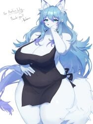 3:4 anthro apron apron_only baburusushi belly big_breasts blue_eyes blue_hair blush breasts canid canine clothing ear_tuft female female_anthro fluffy fox fur hair hand_on_belly hand_on_cheek hi_res huge_breasts kemono lily_mari long_hair mammal mature_female mostly_nude multicolored_ears multicolored_hair multicolored_tail slightly_chubby smile solo tail thick_thighs tuft white_body white_fur