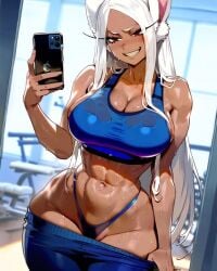 1girls 2024 abs ai_generated athletic athletic_female belly big_breasts blue_clothing blue_panties blue_sports_bra blue_topwear boku_no_hero_academia bra bunny_ears cleavage curvaceous curvy curvy_body curvy_female curvy_figure dark-skinned_female dark_skin eyelashes female female_only fit fit_female gym heroine holding holding_object holding_phone hourglass_figure large_breasts long_hair miruko my_hero_academia pants_down phone red_eyes rumi_usagiyama selfie sideboob slim_waist solo sports_bra sportswear superheroine sweat sweatdrop sweating voluptuous voluptuous_female white_hair wide_hips workout workout_clothes workout_clothing