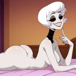 ai_generated ass ass_focus bedroom_eyes hazbin_hotel laying_on_bed rosie_(hazbin_hotel) sharp_teeth smirking white_hair