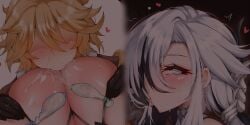 1boy 1girls aether_(genshin_impact) arlecchino_(genshin_impact) big_breasts color condoms drawing holding horny_female long_hair mihoyo pleasure_face sucking_nipples unknown_artist zoom_in