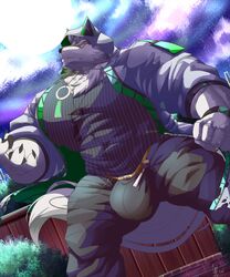 5:6 abs absurd_res anthro big_bulge bulge canid canine canis clothing daikitei domestic_dog hi_res hoodie huge_bulge husky hyper hyper_bulge lifewonders live-a-hero male mammal monomasa muscular muscular_anthro muscular_male nordic_sled_dog pecs red_sclera solo spitz topwear video_games