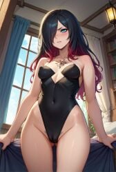 1girls ai_generated black_hair black_leotard female female_only gravity_rush hair_over_one_eye leotard long_hair looking_at_viewer multicolored_hair pale-skinned_female pubic_hair raven_(gravity_rush) red_hair small_breasts thighs