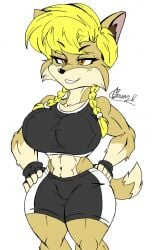 akatsukishiranui-fox anthro athletic_female big_breasts female_abs fingerless_gloves fit_female fox gym_shorts izacmafia_(artist) pin_up