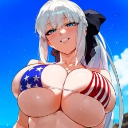 1boy ai_generated american_flag_bikini big_breasts blue_eyes breasts fate/grand_order fate_(series) female female_focus huge_breasts large_breasts long_hair looking_at_viewer morgan_le_fay_(fate) ponytail smiling smiling_at_viewer white_hair