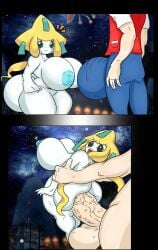 1boy 1girls big_ass big_breasts big_penis edit edited_image huge_ass huge_breasts huge_cock jirachi pokemon shiin shiin_(edit) smaller_female