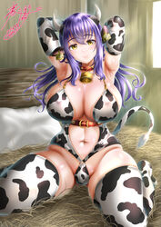 1girls animal_ears arms_behind_head bell breasts choker cleavage cow_ears cow_girl cow_horns cow_print cow_tail elbow_gloves female full_body highres horns huge_breasts kasugano_tobari long_hair looking_at_viewer navel original purple_hair shiny_skin signature smile solo tail thighhighs year_of_the_ox yellow_eyes