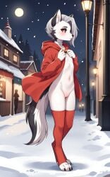 1girls 2026 ai_generated anthro ass blushing canine choker christmas christmas_outfit cloak digitigrade ear_piercing eyeliner eyeshadow female female_only flat_chest grey_fur grey_hair hellhound helluva_boss hi_res hood_down inner_ear_fluff innie_pussy loona_(helluva_boss) moon night nipples nude nude_female pussy red_eyes short_hair side_view sideass silver_hair sleeves snout snowing thighhighs white_fur zonoya_(artist)