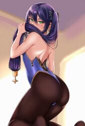 1girls ass clothed clothing ear_piercing female genshin_impact green_eyes looking_at_viewer medium_hair mona_(genshin_impact) on_knees purple_hair ryudraw sideboob solo twintails