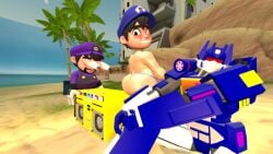 3boys 3d beach big_ass crossover femboy gold_boombox_(prevence) palm_tree scarred_smg4 self_upload smg3 smg4 smg4_(character) soundwave source_filmmaker throwing_it_back transformers