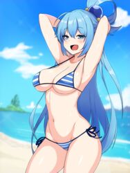 1girls alternate_hairstyle aqua_(konosuba) armpits arms_behind_back arms_behind_head bangs beach belly belly_button big_breasts bikini blue_eyes blue_hair blunt_bangs blush breasts cleavage curvaceous curvy curvy_figure eyebrows_visible_through_hair eyelashes feet_out_of_frame female female_only goddess hagarza_p hair_between_eyes hair_ornament hi_res high_resolution highres hourglass_figure kono_subarashii_sekai_ni_shukufuku_wo! large_breasts large_filesize light-skinned_female light_skin long_hair midriff navel open_mouth outdoors posing side-tie_bikini sideboob sidelocks skindentation solo solo_female standing striped striped_bikini thick_thighs thighs thin_waist tied_hair tongue uncensored v very_high_resolution very_long_hair water wide_eyed wide_hips