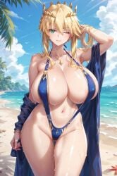 ai_generated artoria_pendragon artoria_pendragon_(lancer) bare_thighs beach blonde_hair dtz_(artist) fate/grand_order fate_(series) gigantic_breasts green_eyes hair_bun huge_breasts huge_thighs light-skinned_female light_skin looking_at_viewer massive_breasts mature_female milf oiled_body oiled_skin one_eye_closed sling_bikini slingshot_swimsuit smiling solo_female squatting sweat sweatdrop thick_body thick_female thick_thighs thighs voluptuous voluptuous_female