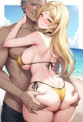 ai_generated ass ass_grab beach bikini blonde_female blonde_hair breasts drag-on_dragoon_3 drakengard_3 female five_(drag-on_dragoon) five_(drakengard) huge_breasts large_breasts male male/female nipples old_man older_male on_back pale-skinned_female seductive seductive_smile smile smile_at_viewer yellow_bikini yellow_eyes younger_female