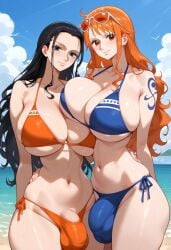 2futas ai_generated aiartf4 beach bikini bulge flaccid_penis futanari huge_breasts huge_cock nami nami_(one_piece) nico_robin one_piece penis_bulge tagme