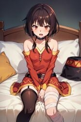 ai_generated bandage bandaged bandaged_leg brown_hair clothed collar kono_subarashii_sekai_ni_shukufuku_wo! megumin off_shoulder red_dress red_eyes short_hair sitting small_breasts stockings takemehigh thighhighs