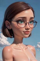 1girls 20th_century_fox 20th_century_studios ai_generated aqua_eyes black-framed_eyewear blue_sky blue_sky_studios breasts brown_hair cleavage closed_mouth cloud collarbone day earrings eyelashes freckles glasses green_eyes hi_res jewelry linda_gunderson lips medium_breasts mole nose nude outdoors progenarts realistic rio_(series) short_hair sky solo stud_earrings tan tanlines upper_body watermark web_address