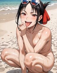 1girls ai_generated barefoot blowjob_gesture completely_naked completely_nude completely_nude_female exhibitionism female female_only flat_chest kaguya-sama_wa_kokurasetai_~tensai-tachi_no_renai_zunousen~ nude nude_female outdoors outside public public_indecency shinomiya_kaguya shiny_skin small_breasts smile squatting sunglasses sweat tongue tongue_out