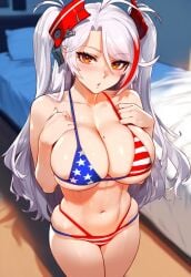 1girls ai_generated american_flag_bikini azur_lane big_breasts bikini breasts female female_focus female_only huge_breasts large_breasts light-skinned_female looking_at_viewer prinz_eugen_(azur_lane) thick_thighs thighs white_hair yellow_eyes