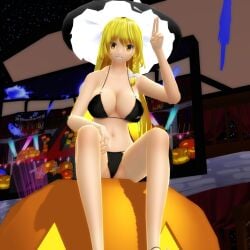 1girls 2024 3d belly_button bikini black_bikini blonde_hair_female breasts cleavage cross footwear ghost greeting halloween hand_gesture hat hati_yukkuri_mmd headwear human jack-o'-lantern jpeg light-skinned_female long_hair_female looking_at_viewer marisa_kirisame mmd night_sky outdoors pumpkin sky smiling_at_viewer solo_female solo_focus stars swimsuit touhou waist witch_hat yellow_eyes