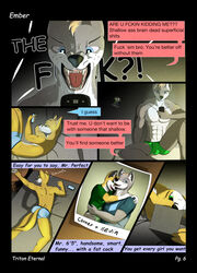 anger angry anthro balls_outline bed bed_sheet bedding biped black_nose bottomwear boxer_briefs bulge canid canine canis cellphone clothed clothing comic conner_(tritoneternal) dating defensive depressed depression detailed_bulge dialogue digital_media_(artwork) english_text fennec fox fur furniture genital_outline genitals hair hi_res kevin_(tritoneternal) love male male/male mammal muscular muscular_male night pecs penis penis_outline phone photo pillow profanity romantic self-conscious short simple_background smile table tall text texting topless tritoneternal_(artist) underwear wolf