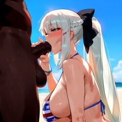 1boy 1girls ai_generated american_flag_bikini big_breasts blue_eyes breasts fate/grand_order fate_(series) fellatio female female_focus huge_breasts large_breasts long_hair looking_pleasured morgan_le_fay_(fate) ponytail white_hair