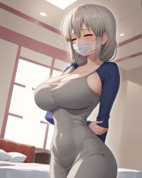 1girls ai_generated bed blush closed_eyes collarbone covered_navel curvy dongtan_dress embarrassed female grey_hair hair_between_eyes hair_over_shoulder hands_behind_back large_breasts mask mature_female meme_clothing milf notreallyhere scrunchie sidelocks solo standing surgical_mask uzaki-chan_wa_asobitai! uzaki_tsuki