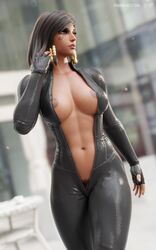 3d abs black_bodysuit black_eyes black_hair black_pubic_hair blender bodysuit bush busty clothing dark-skinned_female dark_skin egyptian female female_pubic_hair fingerless_gloves gloves hairy hairy_pussy hairy_vagina high_resolution looking_away muscle muscular_female overwatch pharah pharah-best-girl pubes pubic_hair pubic_hair_peek pussy_hair self_upload thick_thighs wide_hips