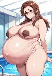 ai_generated bloated_belly brown_eyes brown_hair deepjungle glasses huge_breasts large_ass large_breasts massive_belly massive_breasts pregnant pregnant_female stable_diffusion thick_eyebrows thick_thighs venus_body