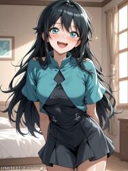 :d ai_generated aqua_eyes arms_behind_back bangs black_dress black_hair blush breasts cowboy_shot curtains dress female indoors jellyray_ai long_hair looking_at_viewer open_mouth rurin_(the_wizard's_restaurant) shirt short_sleeves smile solo the_wizard's_restaurant webtoon window