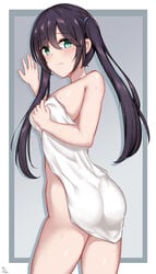 1girls after_shower ass blue_eyes breasts doraski female genshin_impact medium_hair mona_(genshin_impact) mostly_nude purple_hair solo towel twintails wet white_skin