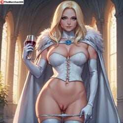 ai_generated blonde_female blonde_hair blue_eyes bottomless_female breasts emma_frost female female_only hellfire_club large_breasts marvel marvel_comics panties panties_down pussy shaved_pussy showing_pussy teasing teasing_pussy teasing_viewer themerchant69 vagina white_queen wine_glass x-men