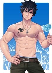 abs belt black_hair black_pants cross_necklace fairy_tail fit_male gray_eyes gray_fullbuster hand_on_hip ice male male_only maorenc necklace scars smirk smirking smirking_at_viewer solo solo_male tattoo underwear_band