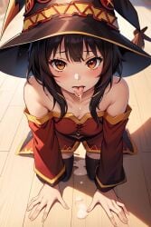 ai_generated all_fours blush brown_hair clothed collar cum cum_in_mouth drooling floor hat kono_subarashii_sekai_ni_shukufuku_wo! megumin off_shoulder on_floor red_dress red_eyes short_hair small_breasts stockings thighhighs tongue tongue_out witch_hat