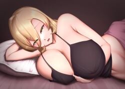 1girls big_breasts blanket blonde_female blush camisole female female_focus female_only hi_res highres huge_breasts large_breasts lying lying_on_bed mikage_77777 navel nijisanji nipples nui_sociere on_bed on_side open_mouth sweat virtual_youtuber