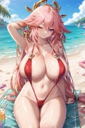 ai_generated bare_thighs beach dtz_(artist) genshin_impact gigantic_breasts goddess hair_ornament huge_breasts huge_thighs light-skinned_female light_skin long_hair looking_at_viewer massive_breasts oiled_body oiled_skin one_eye_closed pink_hair purple_eyes sling_bikini slingshot_swimsuit smiling solo_female squatting sweat sweatdrop thick_body thick_female thick_thighs thighs voluptuous voluptuous_female yae_miko