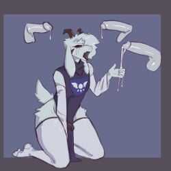 anthro arino asriel_dreemurr asriel_dreemurr_(god_form) biped bodily_fluids bovid caprine clothed clothing cum disembodied_penis erection fangs foreskin genital_fluids genitals glans goat group hi_res horn humanoid_genitalia humanoid_penis kneeling leggings legwear makeup male male/male male_anthro mammal mascara mascara_tears no_underwear open_mouth partially_retracted_foreskin penis penis_poking_out plantigrade simple_background small_penis solo_focus tail teeth tongue tongue_out undertale undertale_(series)