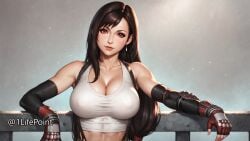 1lifepoint ai_generated armwear big_breasts cleavage crop_top dark_skin earring elbow_gloves final_fantasy fingerless_gloves highres long_hair looking_at_viewer midriff red_eyes tank_top tifa_lockhart wallpaper