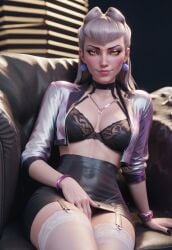 ai_generated amber_eyes covering_crotch enji3d evelynn k/da_series league_of_legends office_lady tube_dress white_hair