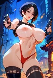 2d ada_wong ai_generated big_breasts black_hair dual_wielding female female_focus female_only gun guns harness night outdoors panties red_panties resident_evil short_hair solo solo_female solo_focus tagme topless topless_female