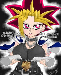 1boy 1girls big_breasts breast_grab breasts clothed_female disembodied_hand female kae-est_art large_breasts lipstick pink_lipstick rule_63 short_hair text two_tone_hair upper_body yami_yugi yu-gi-oh!