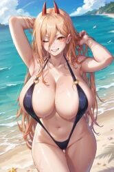 ai_generated bare_thighs beach blonde_hair chainsaw_man demon_girl dtz_(artist) gigantic_breasts horn horns huge_breasts huge_thighs light-skinned_female light_skin long_hair looking_at_viewer massive_breasts oiled_body oiled_skin one_eye_closed orange_eyes power_(chainsaw_man) sharp_teeth shounen_jump sling_bikini slingshot_swimsuit smiling solo_female squatting sweat sweatdrop thick_body thick_female thick_thighs thighs voluptuous voluptuous_female