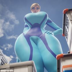 1girls 3d 3d_(artwork) big_breasts blonde blonde_hair blonde_hair_female blue_eyes breasts city clothed clothed_female commission doonography female female_focus female_only giant_female giant_woman giantess light-skinned_female light_skin looking_at_viewer looking_down looking_down_at_viewer looming looming_over metroid nintendo samus_aran skin_tight skin_tight_suit standing thick_thighs thighs tight_clothing ych