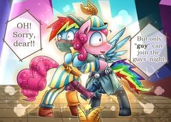 2017 animal_genitalia animal_penis balls blush bubble_berry_(mlp) clothing comic costume dialogue edit english_text equid equine equine_penis erection feathered_wings feathers feral friendship_is_magic ftm_crossgender genitals group hasbro hi_res horse male mammal my_little_pony pegasus penis pinkie_pie_(mlp) pony quadruped rainbow_blitz_(mlp) rainbow_dash_(mlp) rule_63 text vavacung wings