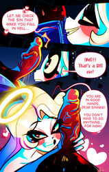 1girls angel bichcarito big_breasts big_penis blonde_hair blush breasts bulge charlie_morningstar_(hazbin_hotel) clothed clothing comic demon dialogue duo english_text fangs female female_focus first_person_view genitals halo hazbin_hotel humanoid imminent_sex interspecies male male/female male_pov open_mouth open_smile partially_clothed penis penis_awe pubes red_body red_fur smile smooth_skin speech_bubble straight sweat teeth text unseen_male_face vein veiny_penis