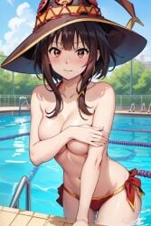 ai_generated blush breasts breasts_out brown_hair cleavage collar half-dressed hat hiding kono_subarashii_sekai_ni_shukufuku_wo! megumin red_eyes short_hair small_breasts swimming_pool swimsuit thick_thighs witch_hat