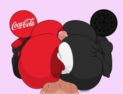 1boy 2girls coca-cola company_logo dark_skin edit edited_image huge_breasts oreo paizuri red_skin two_girls