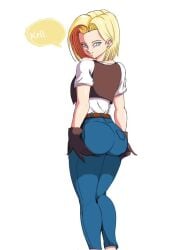 1girls android android_18 animated ass ass_focus ass_grab blonde_hair blue_eyes dragon_ball dragon_ball_z gloves grabbing_own_ass ivyneko jeans jiggle jiggling_ass krillin kuririn looking_back short_hair tagme thick_ass thick_legs thighs vest video