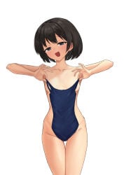1girl absurdres areola_slip black_hair blue_eyes blush breasts collarbone commentary_request completely_nude covering_privates cowboy_shot d: highres hip_bones hip_dips holding holding_unworn_clothes itsuki_nofuji legs_together looking_at_viewer nude one-piece_swimsuit open_mouth original pussy pussy_peek school_swimsuit short_hair simple_background small_breasts smile solo standing swimsuit white_background