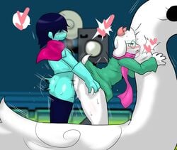 <3 2boys anal anal_sex anthro blush deltarune duo enigi09 glasses heart hi_res human_on_anthro kris_(deltarune) open_mouth ralsei scarf sex sweat white_fur yaoi